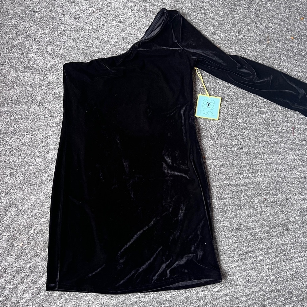 CeCe Cynthia Steffe Black Velvet Dress Small One Shoulder - Picture 3 of 11